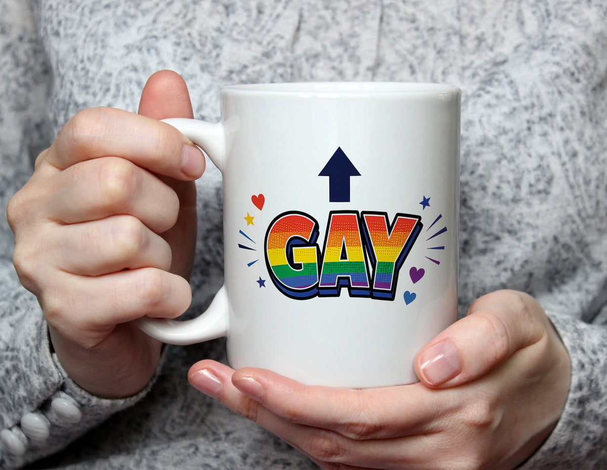 GAY Arrow Rainbow Pride Mug - LGBTQ+ Colourful Coffee Cup - White