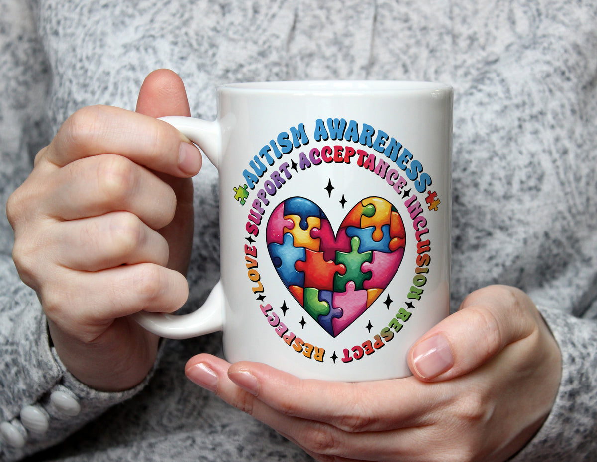 Autism Awareness Support Acceptance Inclusion Mug - Colourful Puzzle Heart - White
