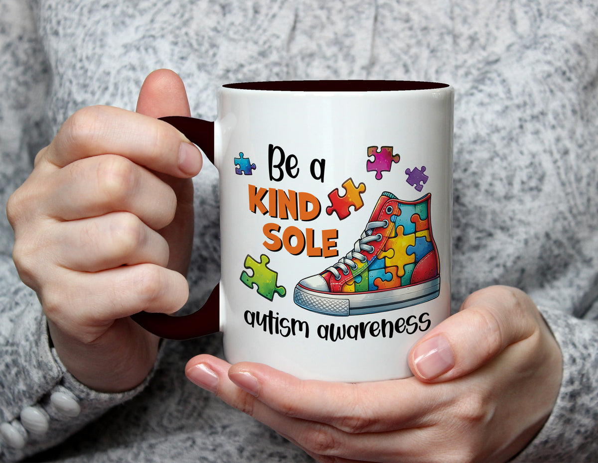 Be a KIND SOLE Autism Awareness Mug - Puzzle Piece Trainer Design - Black