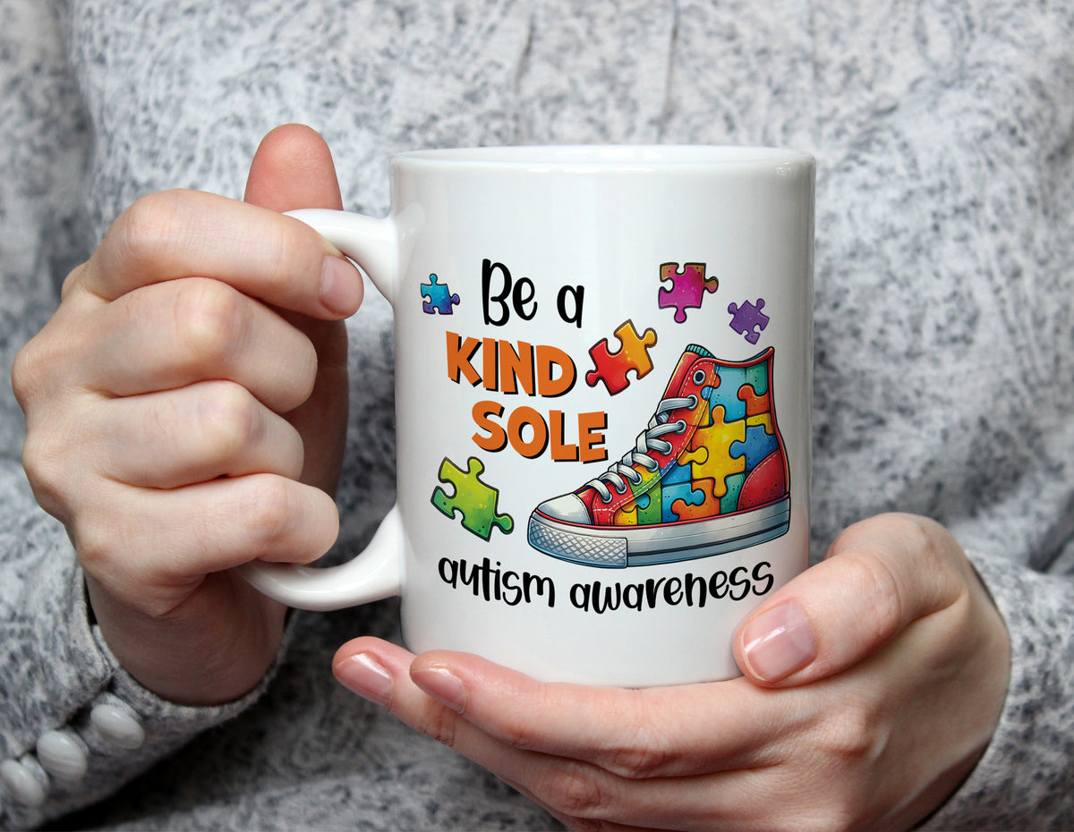 Be a KIND SOLE Autism Awareness Mug - Puzzle Piece Trainer Design - White
