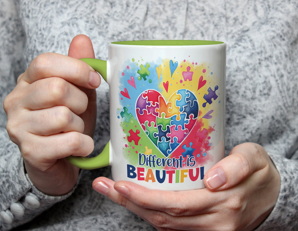 Different is BEAUTIFUL - Autism Awareness Puzzle Heart Mug - Light Green