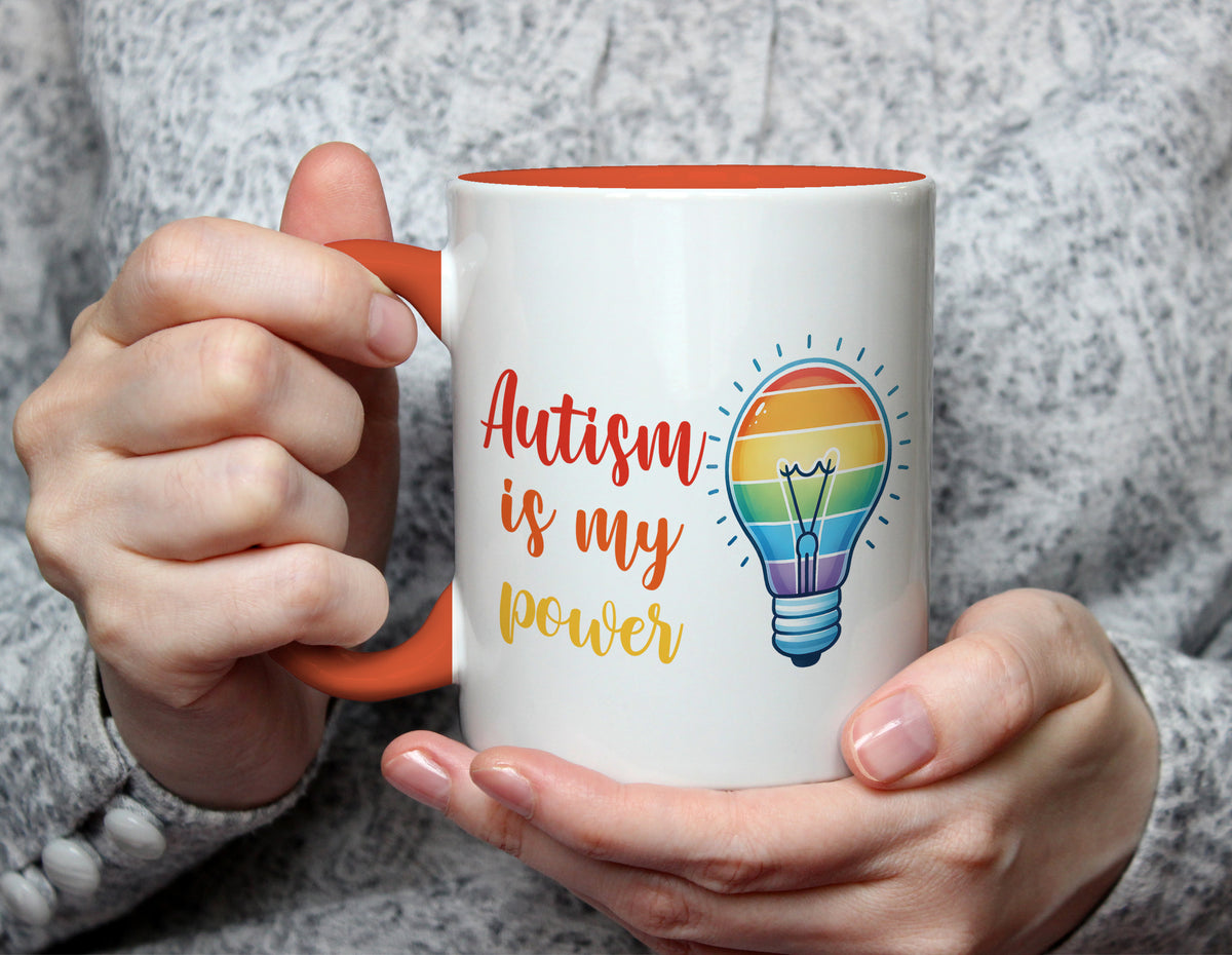 Autism is my power - Rainbow Lightbulb Autism Pride Mug - Orange