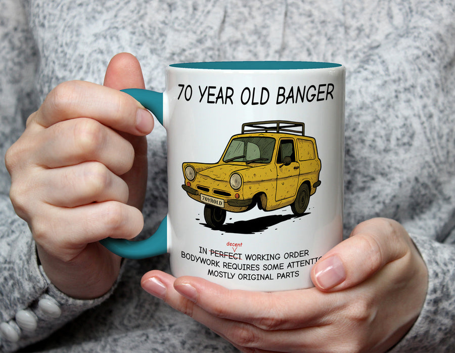 70 Year Old Banger - 70th Birthday Classic Car Mug - Light Blue