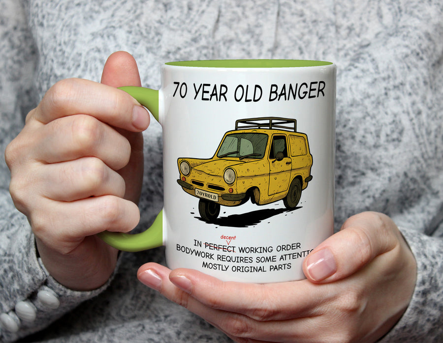70 Year Old Banger - 70th Birthday Classic Car Mug - Light Green