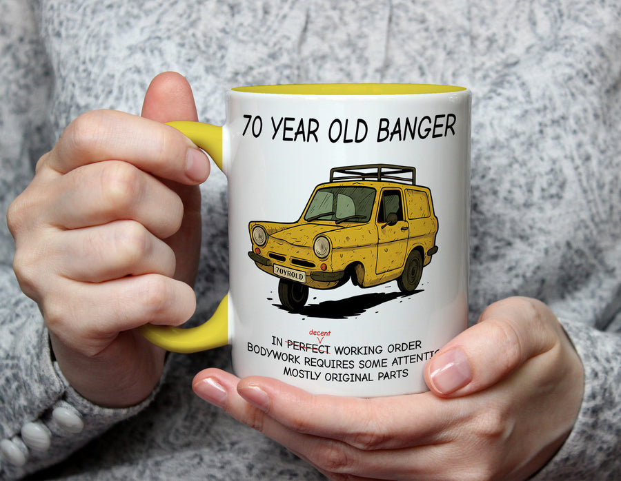 70 Year Old Banger - 70th Birthday Classic Car Mug - Yellow