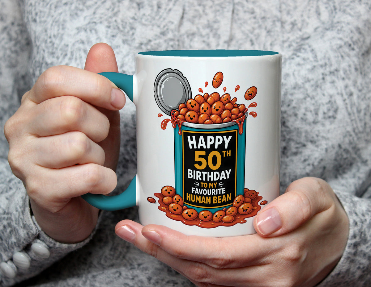 Happy 50th Birthday to My Favourite Human Bean - Funny 50th Birthday Mug - Light Blue