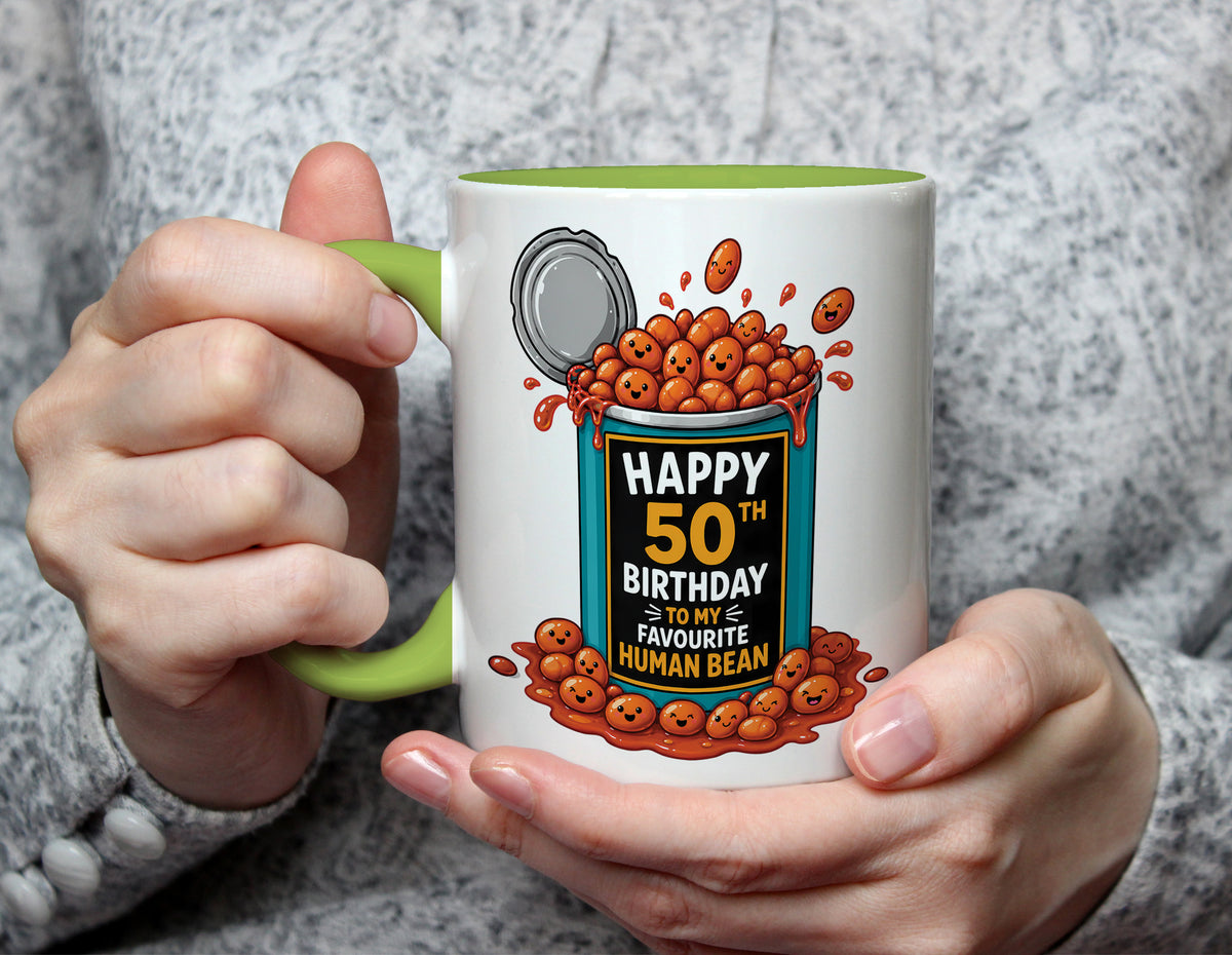Happy 50th Birthday to My Favourite Human Bean - Funny 50th Birthday Mug - Light Green