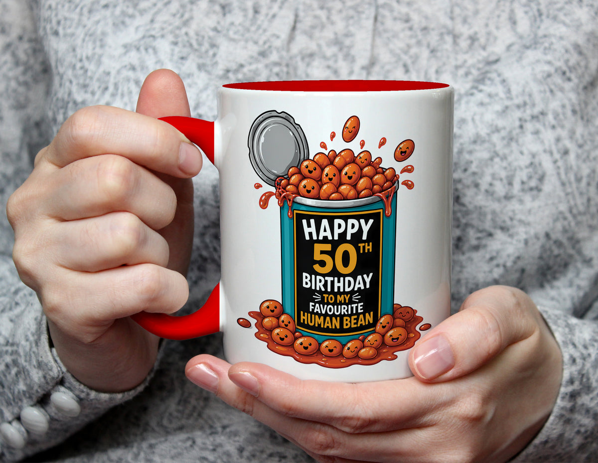 Happy 50th Birthday to My Favourite Human Bean - Funny 50th Birthday Mug - Red