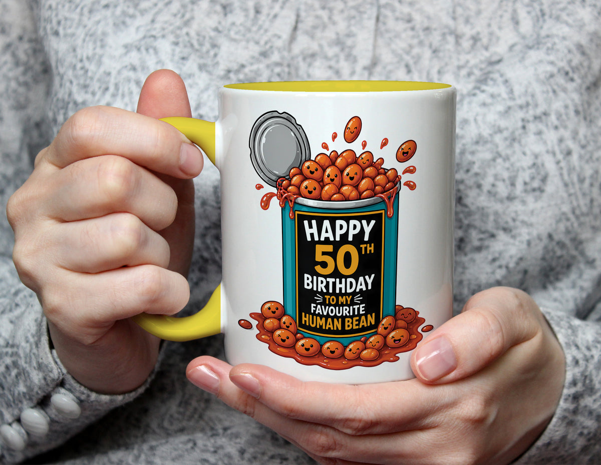 Happy 50th Birthday to My Favourite Human Bean - Funny 50th Birthday Mug - Yellow