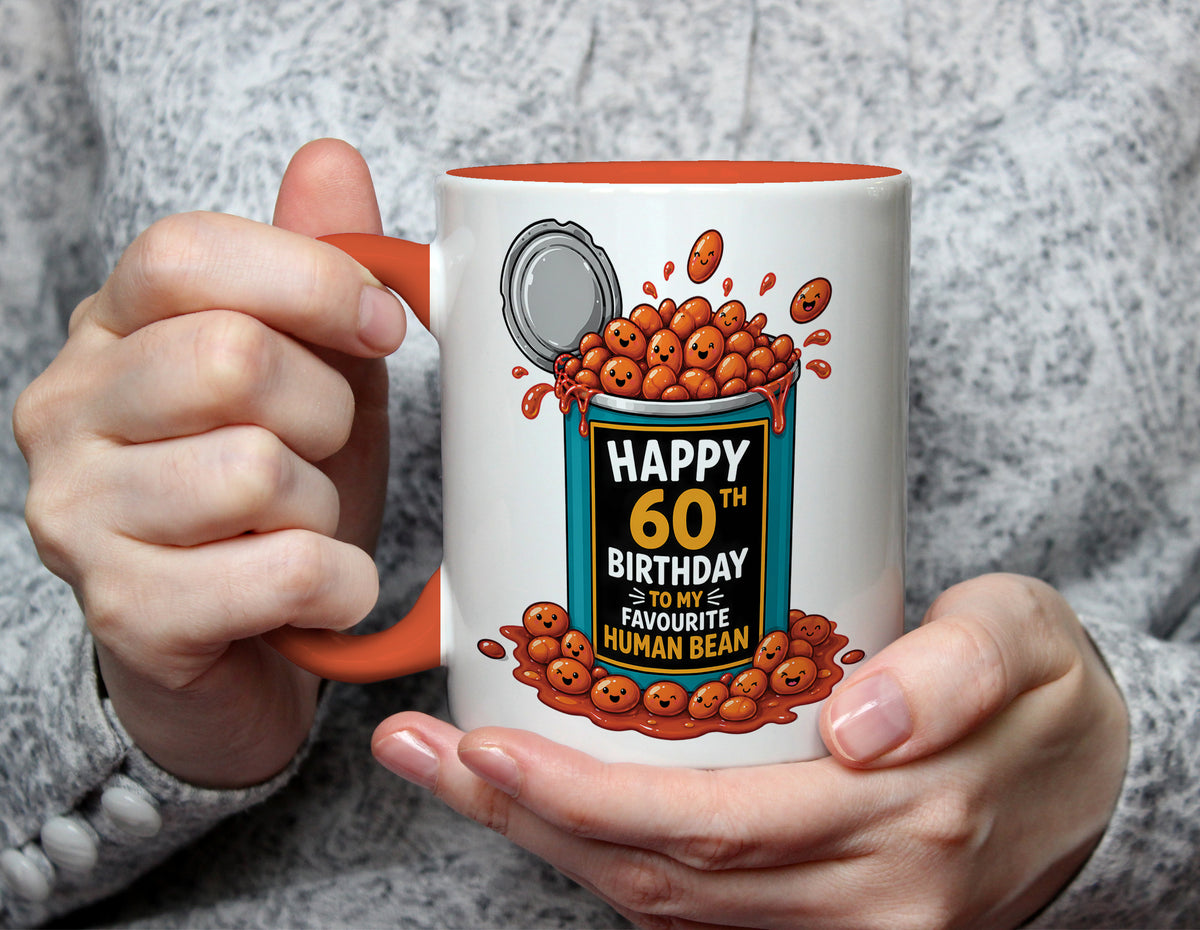 Happy 60th Birthday to My Favourite Human Bean - Funny 60th Birthday Mug - Orange