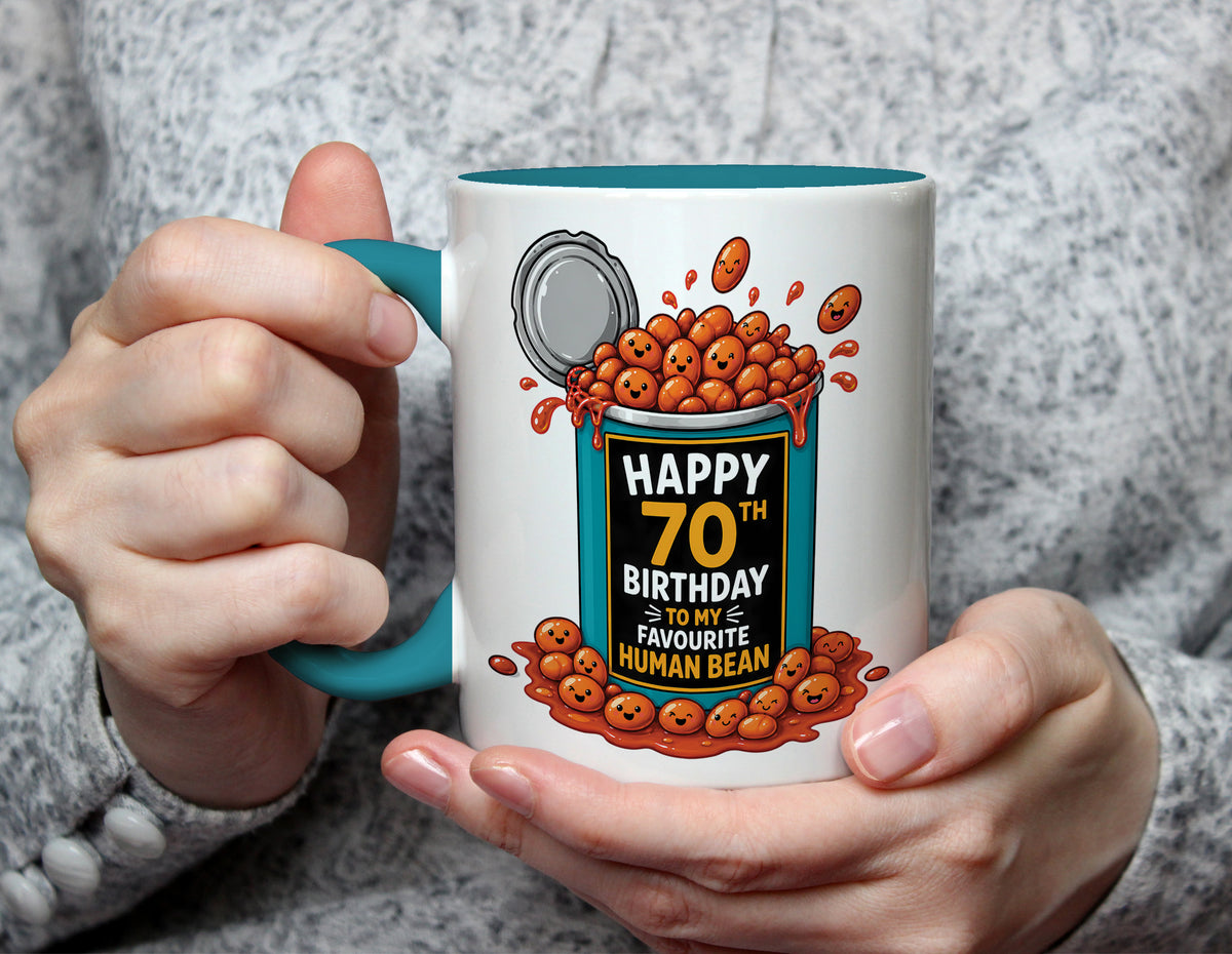 Happy 70th Birthday Human Bean - Funny 70th Birthday Mug - Light Blue