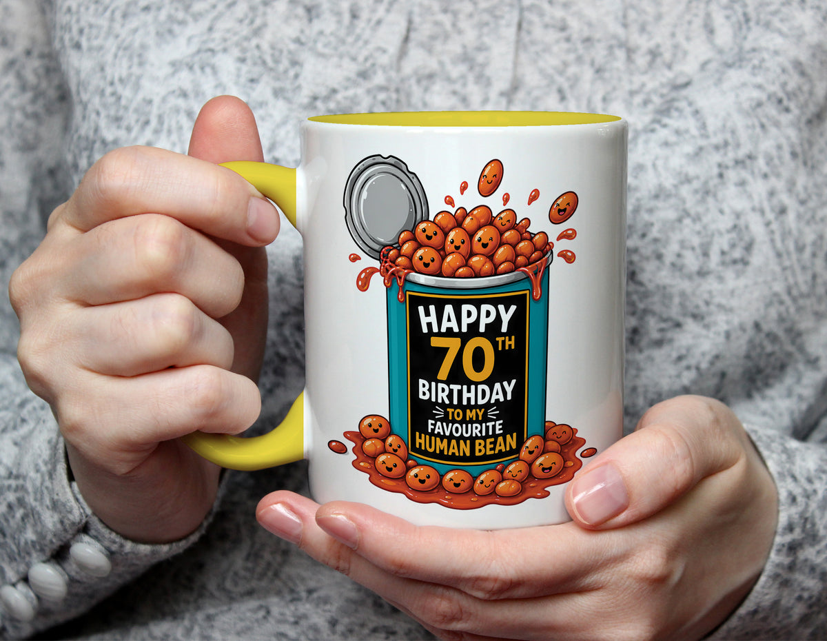 Happy 70th Birthday Human Bean - Funny 70th Birthday Mug - Yellow