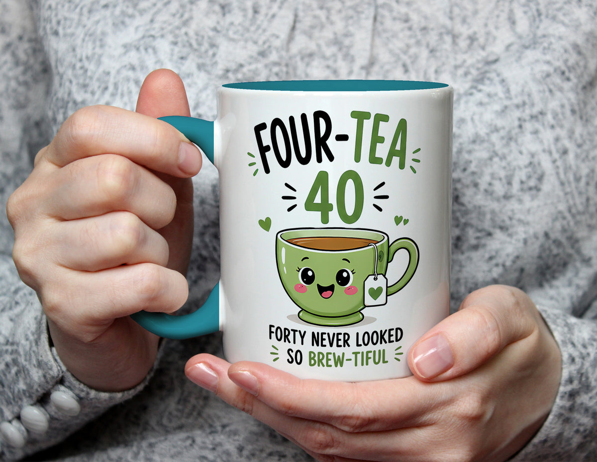 Four-Tea 40 - 40th Birthday Brew-tiful Tea Pun Mug - Light Blue