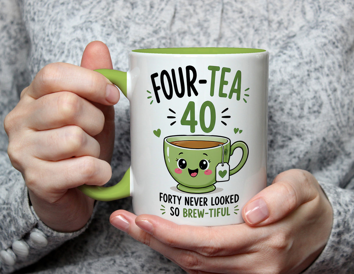 Four-Tea 40 - 40th Birthday Brew-tiful Tea Pun Mug - Light Green