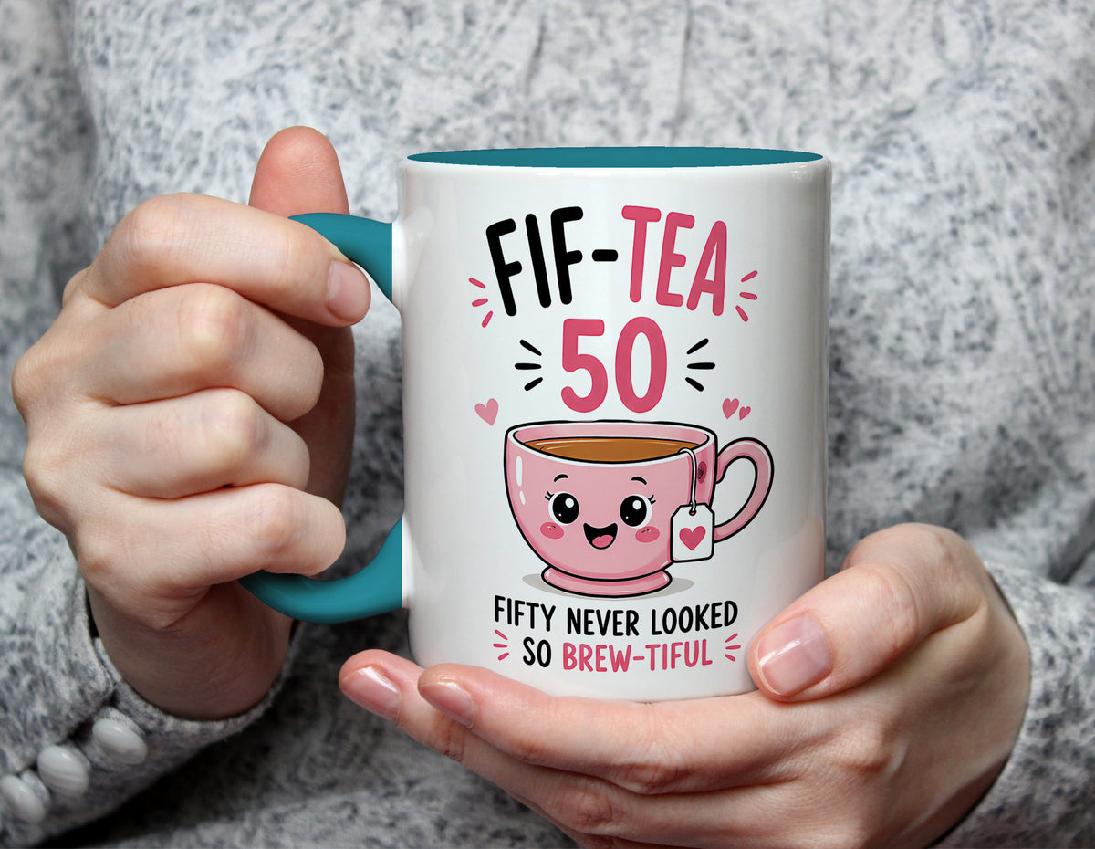 Fif-Tea 50 - 50th Birthday Tea Pun Mug - Light Blue