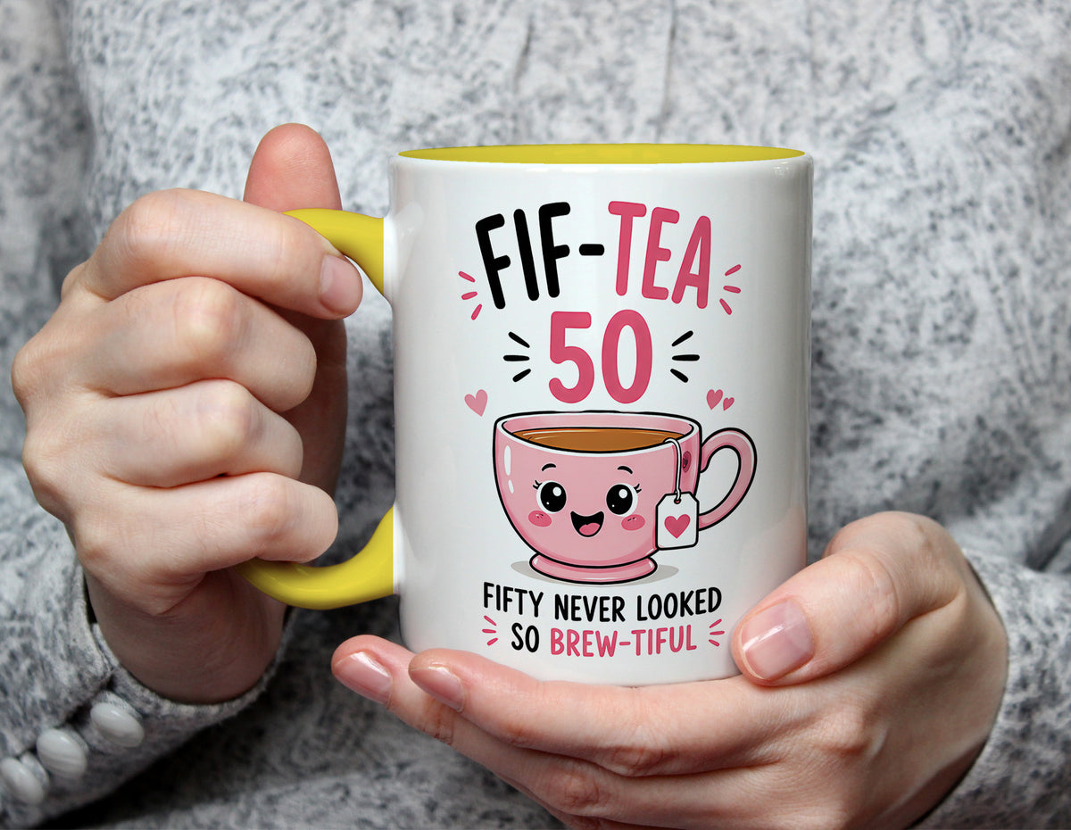 Fif-Tea 50 - 50th Birthday Tea Pun Mug - Yellow