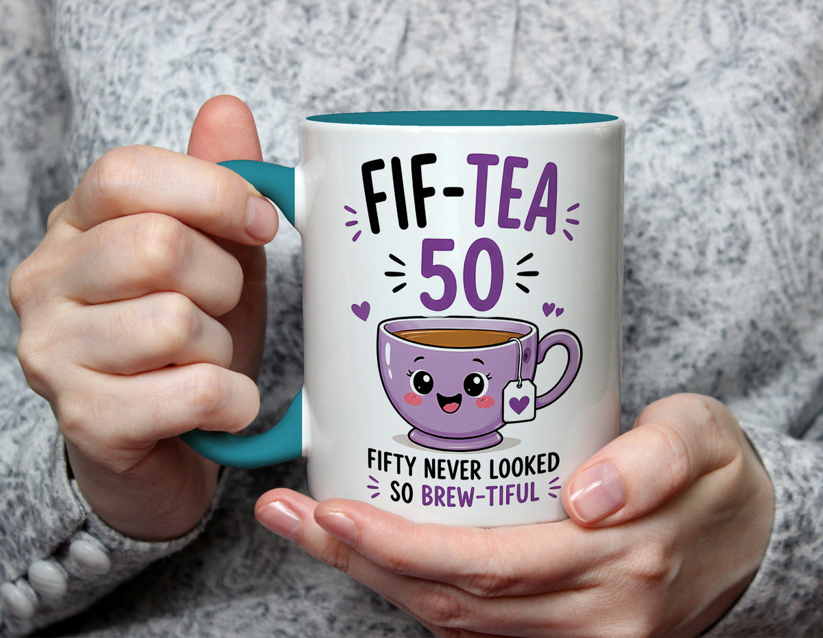 Fif-Tea 50 - 50th Birthday Brew-tiful Tea Pun Mug - Light Blue