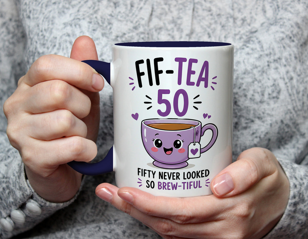 Fif-Tea 50 - 50th Birthday Brew-tiful Tea Pun Mug - Navy Blue