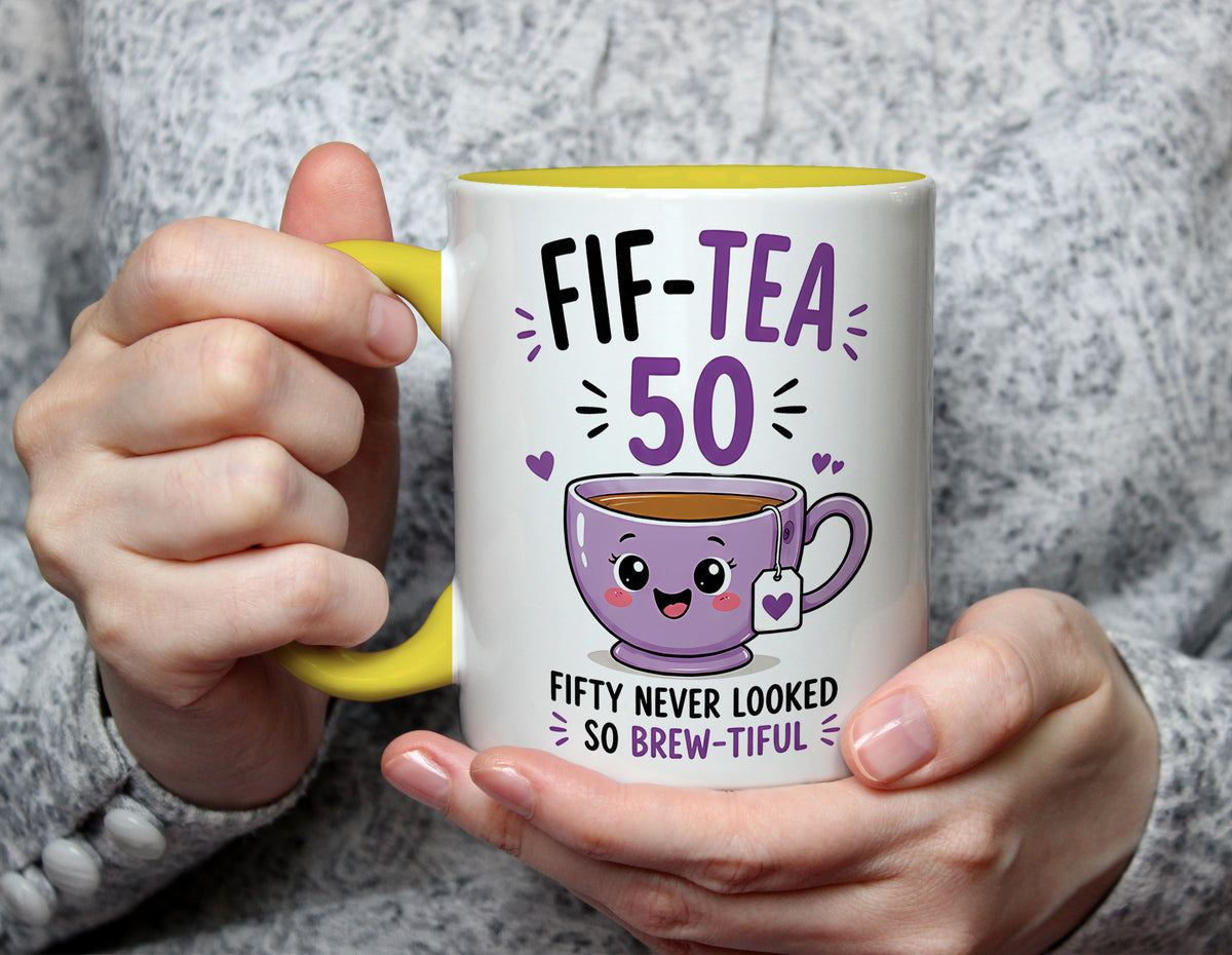 Fif-Tea 50 - 50th Birthday Brew-tiful Tea Pun Mug - Yellow
