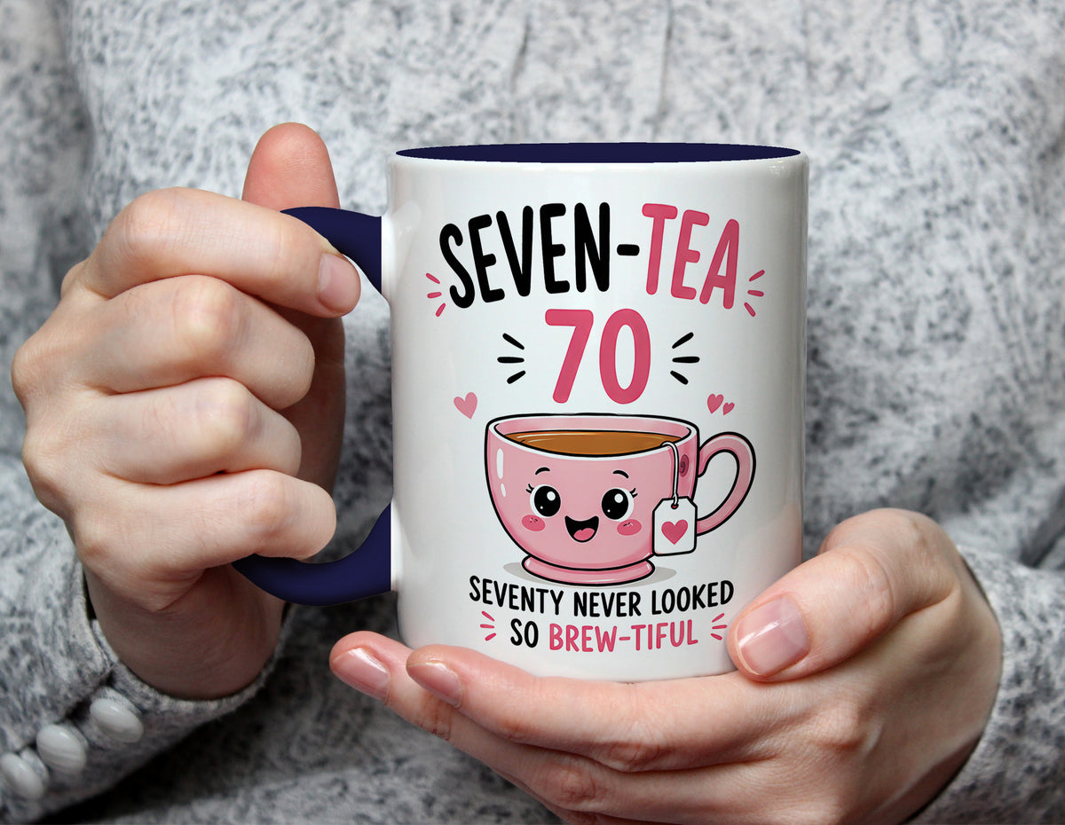 Seven-Tea 70 - 70th Birthday Brew-tiful Tea Pun Mug - Navy Blue