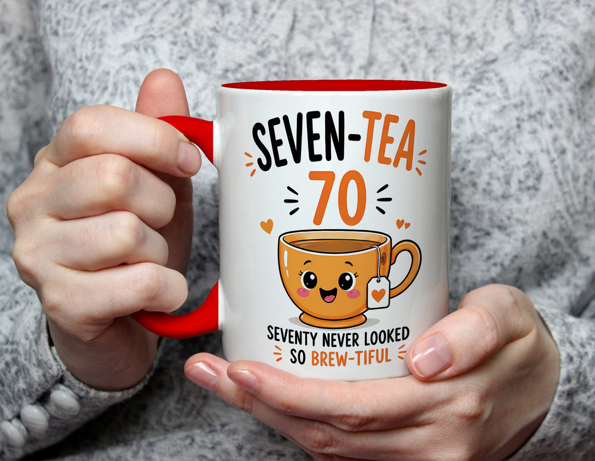 Seven-Tea 70 - 70th Birthday Brew-tiful Tea Pun Mug - Red