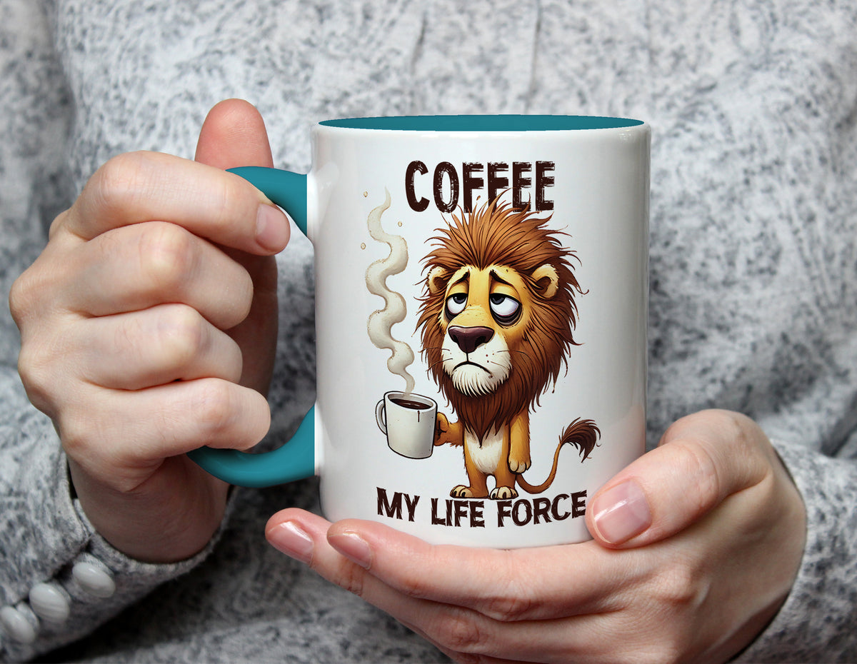 COFFEE MY LIFE FORCE - Sleepy Lion Coffee Lover Mug - Light Blue