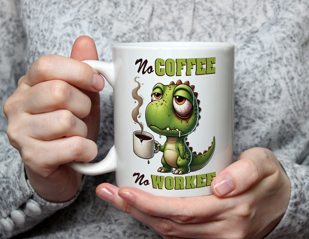 No COFFEE No WORKEE - Funny Dinosaur Coffee Mug - White