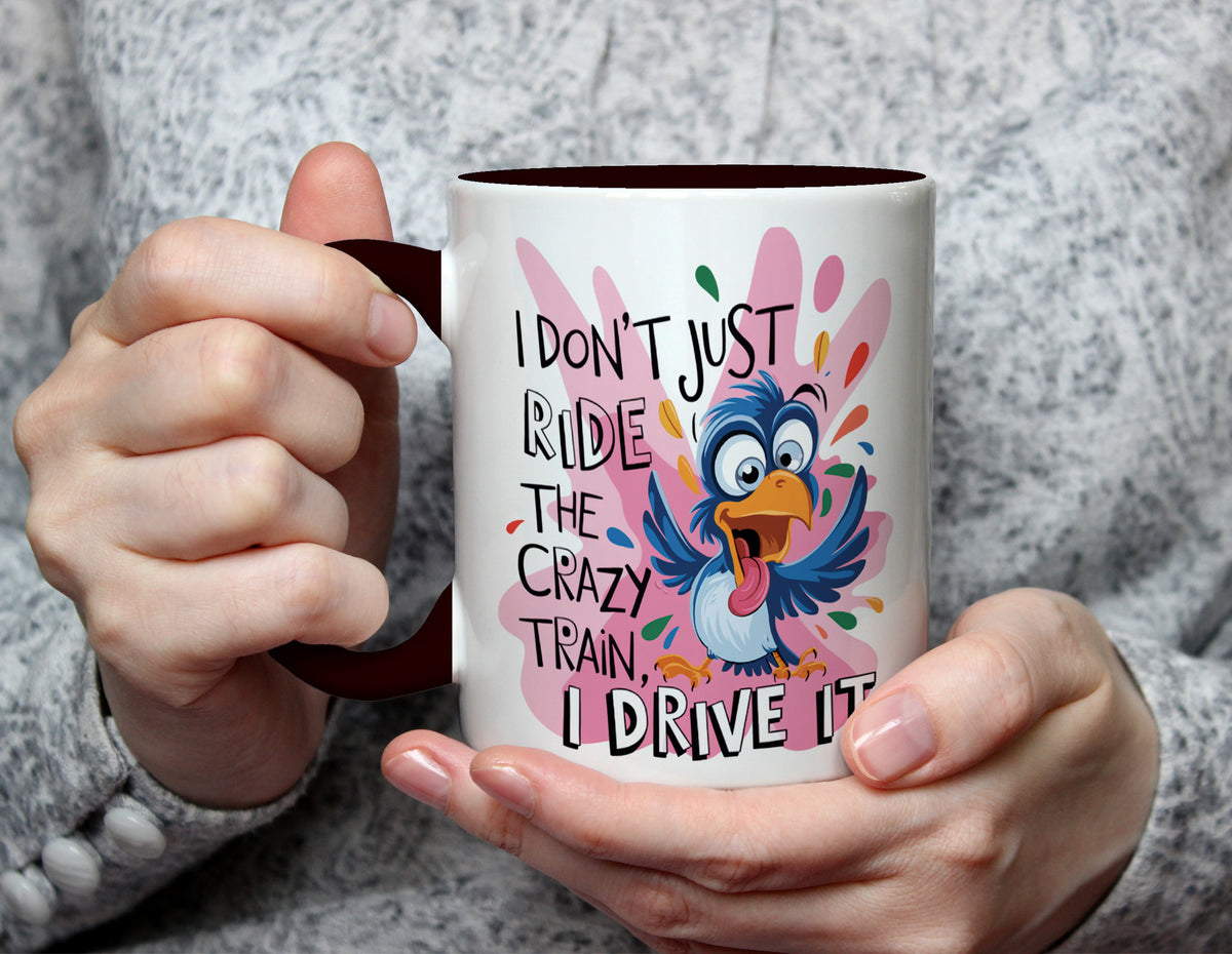 I Don't Just Ride the Crazy Train, I Drive It - Funny Cartoon Mug - Black
