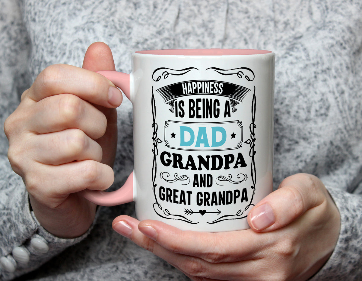 Happiness is Being a Dad Grandpa and Great Grandpa - Family Generations Mug - Light Pink