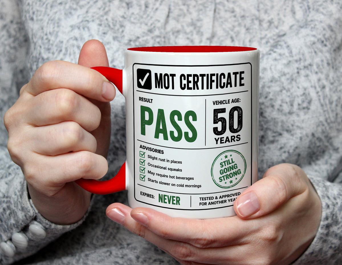50th Birthday MOT Test Mug - Funny Still Going Strong Gift - Red