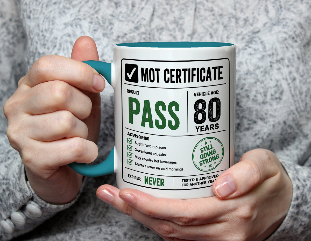80th Birthday MOT Test Mug - Funny Still Going Strong Gift - Light Blue