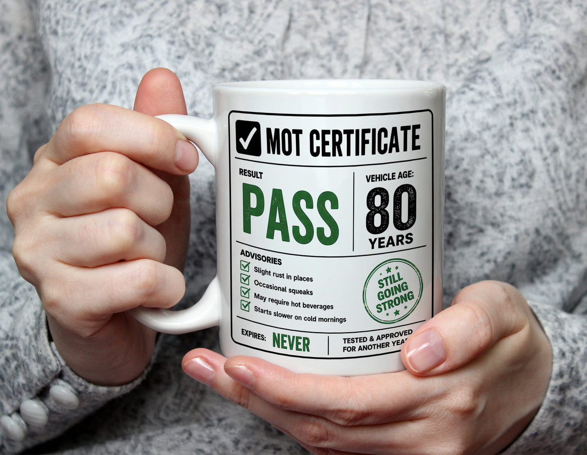 80th Birthday MOT Test Mug - Funny Still Going Strong Gift - White